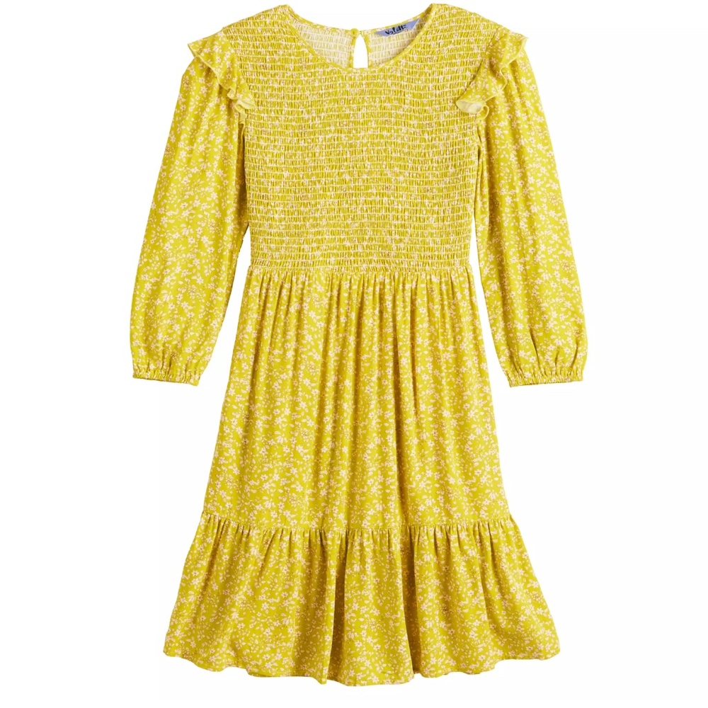 Junior’s Vylette Ruffle Smocked Bodice Dress, Size L, Chartreuse Floral Print